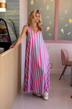 Sale Dress Flirty Stripe | Turquoise & pink | Studio DAMES Jurken|Snøpskes