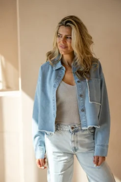 Sale Oversized cropped blouse Mary | Blue denim | DAMES Blouses|Tops