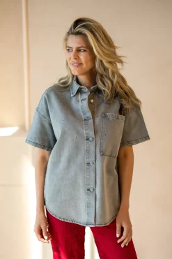 Sale Oversized denim blouse studs Didi | Mid grey | DAMES Co-ords|Blouses