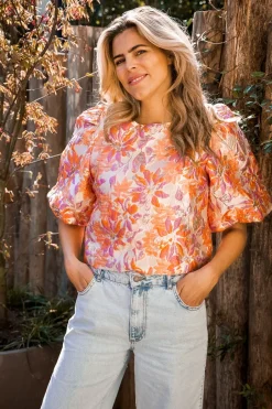 Online Top Shiny flowers | Orange DAMES Co-ords|Tops